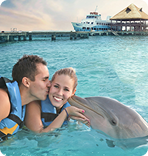 Happy family touching a dolphin on Isla Mujeres